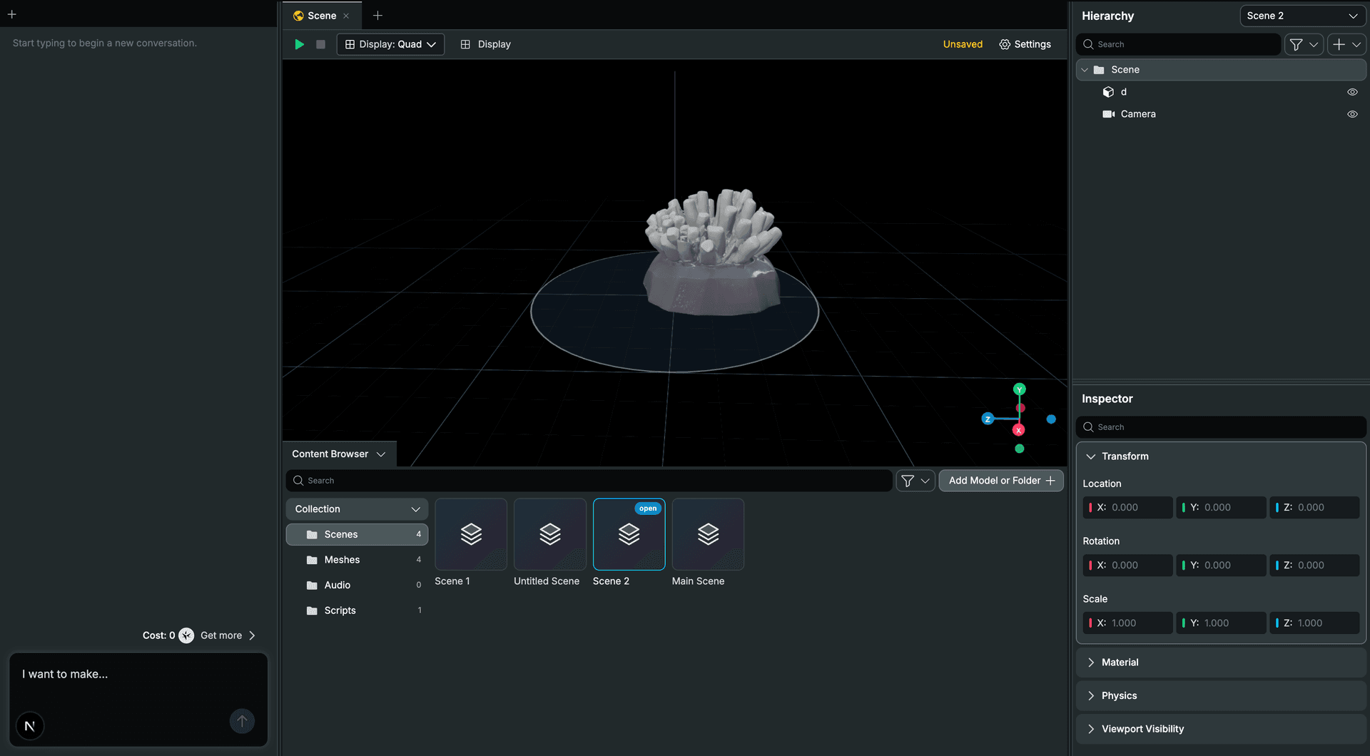 Holowand editor preview with scene tools and a 3D model